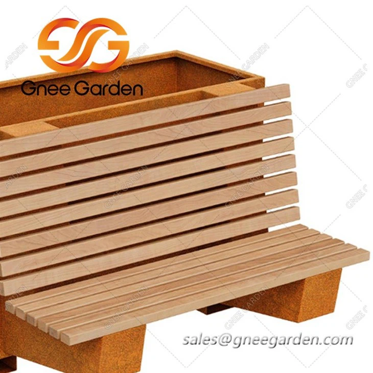 corten bench with planter boxes