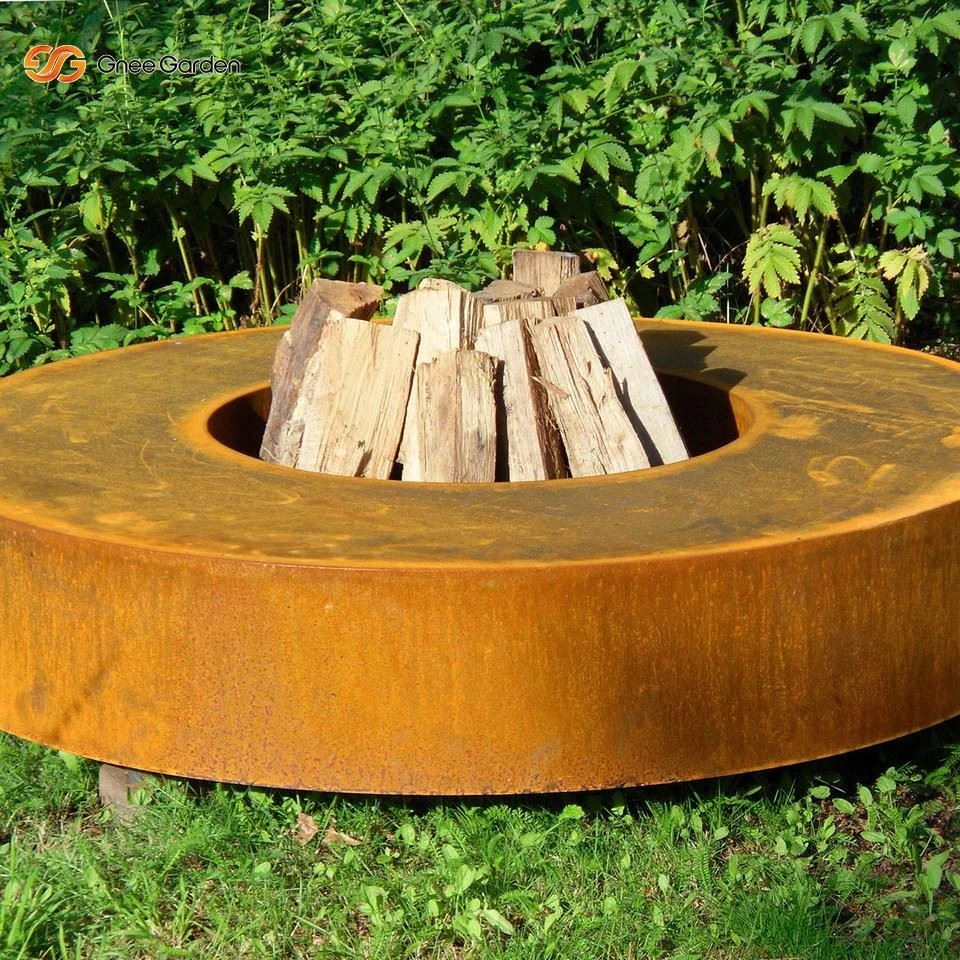 Circular corten steel outdoor gas fire pit